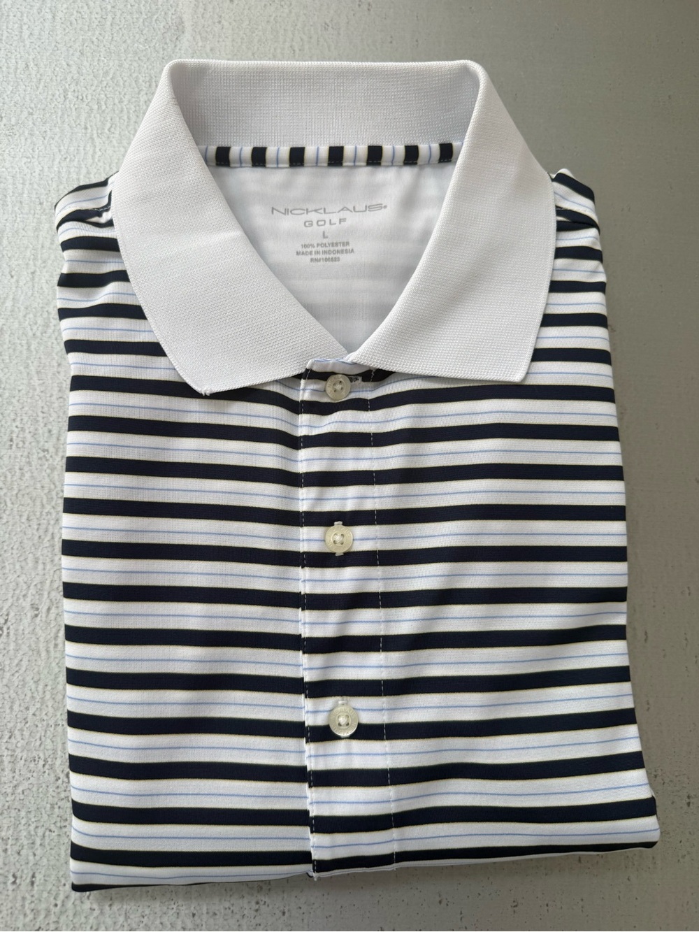 Nicklaus Golf Men’s White and Navy Stripe Performance Polo